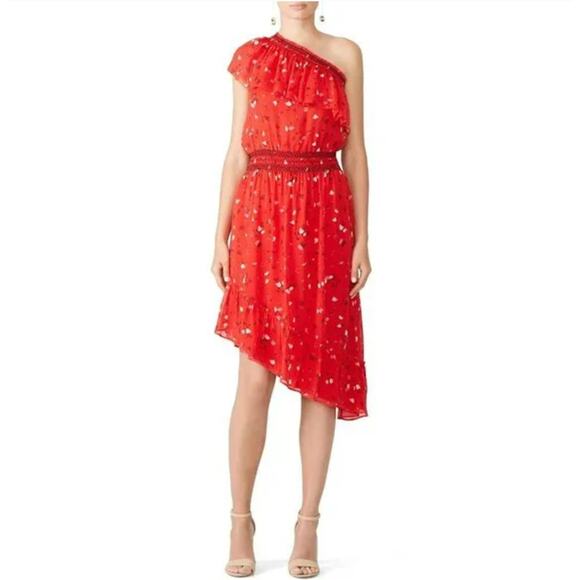 New Joie Hafsa Silk One Shoulder Midi Dress Red Floral Asymmetric Women's Size S - Picture 2 of 13